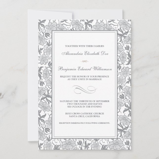 Faire-part de mariage florale en platine (Devant)