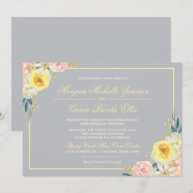 Faire-part de mariage florale gris et jaune (Devant / Derrière)