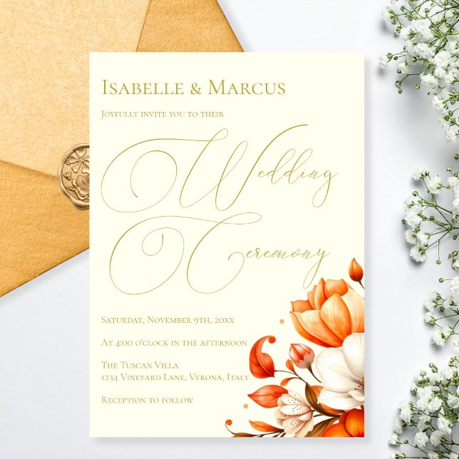 Faire-part de mariage florale ivoire et or (Ivory & Gold Floral Wedding Invitation)