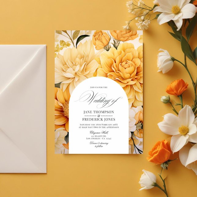 Faire-part de mariage florale jaune, orange et ivo (Yellow, Orange and Ivory Floral Wedding Invitation)