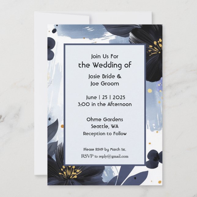 Faire-part de mariage florale moderne bleu gras (Devant)