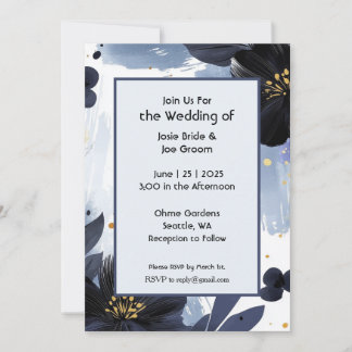 Faire-part de mariage florale moderne bleu gras