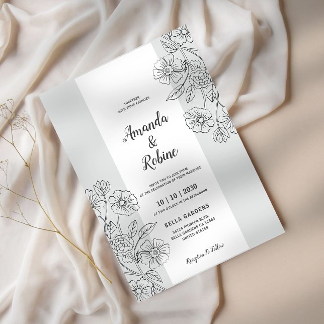 Faire-part de mariage florale moderne noir et blan (Créateur téléchargé)