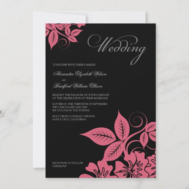 Faire-part de mariage florale moderne rose/noir (Devant)