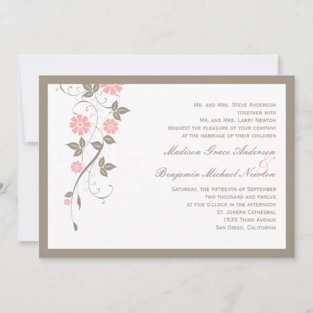 Faire-part de mariage florale moderne - rose tendr (Devant)