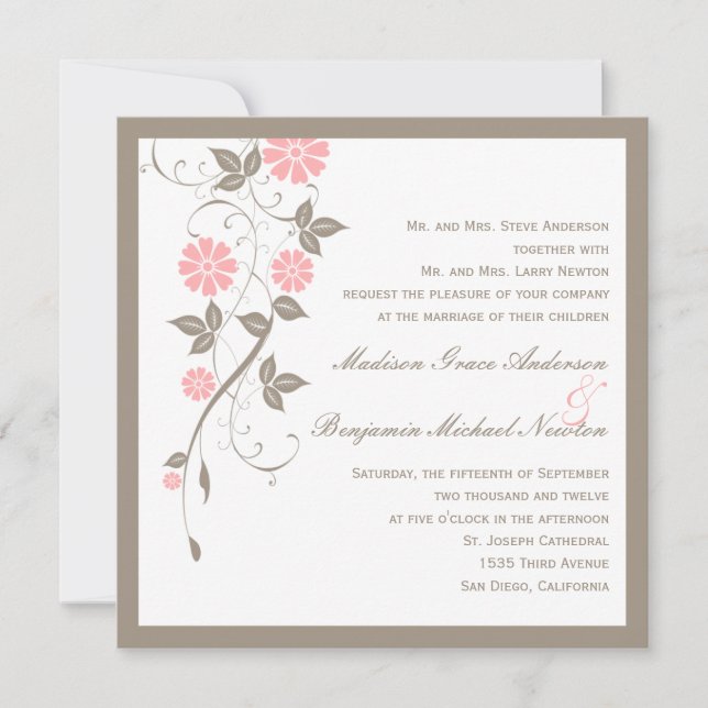 Faire-part de mariage florale moderne - rose tendr (Devant)