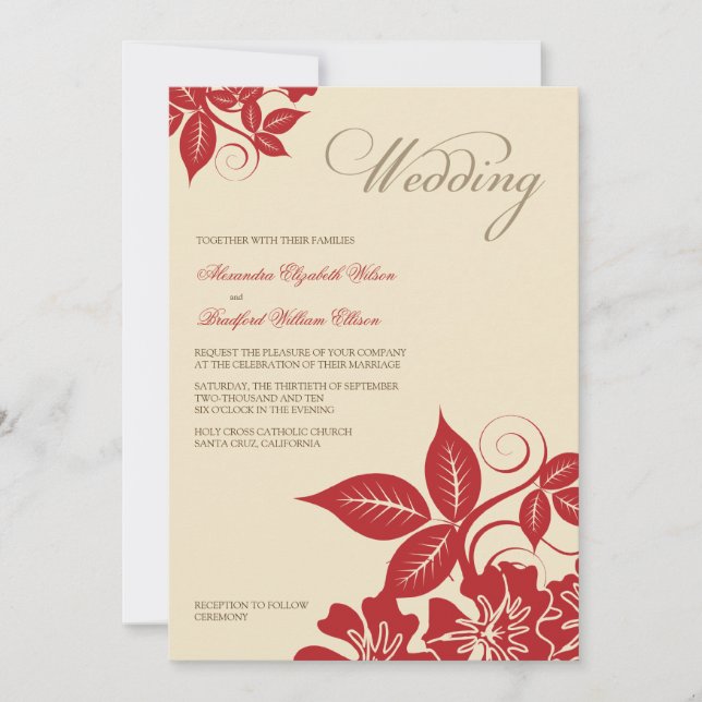 Faire-part de mariage Florale moderne rouge/crème (Devant)