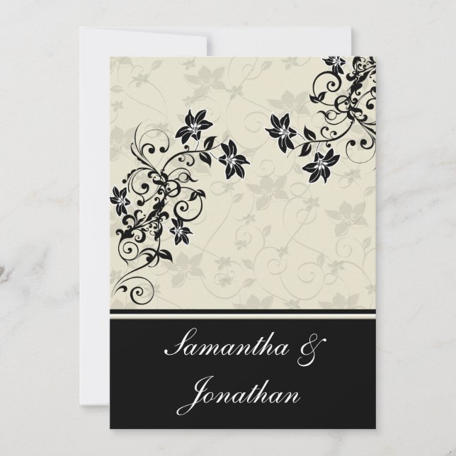 Faire-part de mariage florale noir et blanc (Devant)