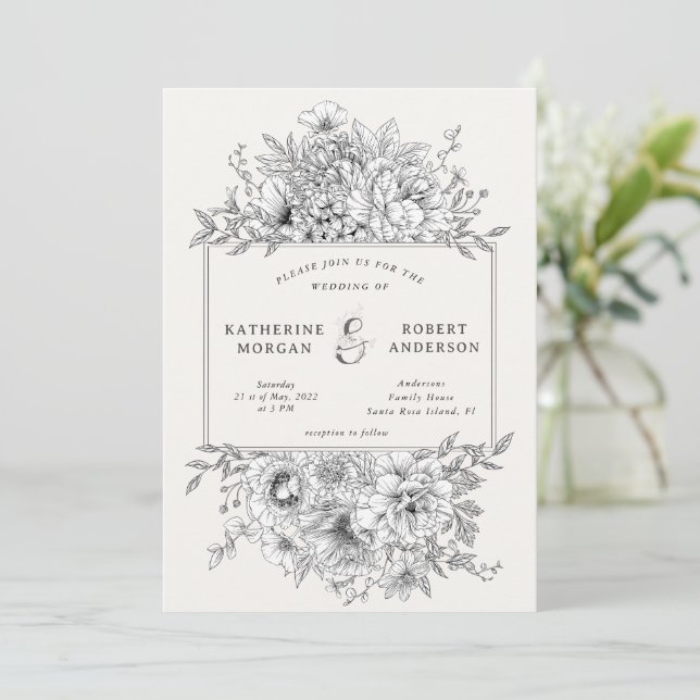 faire-part de mariage florale noire et blanche (Debout devant)