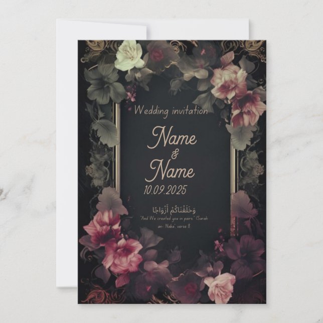 Faire-part de mariage florale noire et rose (Devant)