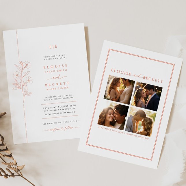 Faire-part de mariage florale orange minimale (Créateur téléchargé)