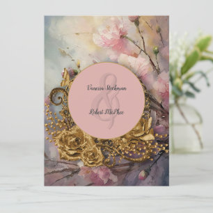Faire-part de mariage florale peint et or