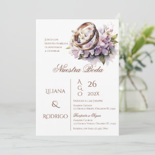 Faire-part de mariage florale pourpre avec anneaux