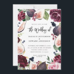 Faire-part de mariage florale rose, bordeaux et fi<br><div class="desc">Faire-part de mariage florale rose,  bordeaux et figuier. Aquarelle fleurie,  feuillage et fruits peints à la main. Une partie d'une suite mariage. La couleur Arrière - plan peut être customisée.</div>