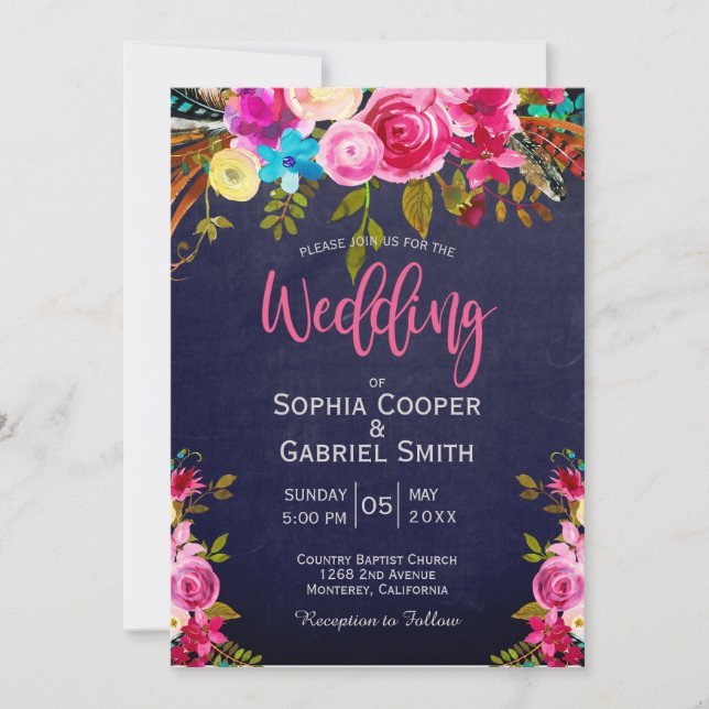 Faire-part de mariage Florale rose et Typographie  (Devant)