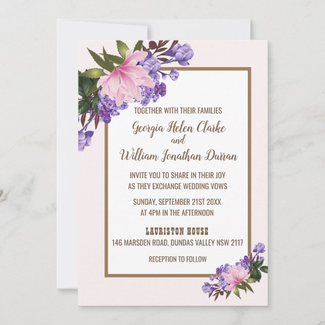 Faire-part de mariage florale rose Magnolia Lavend (Devant)