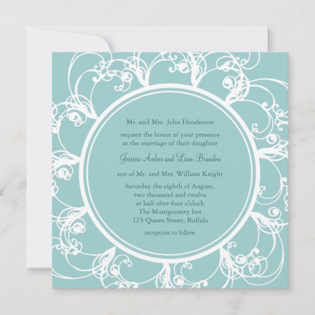 Faire-part de mariage florale soignée (turquoise) (Devant)