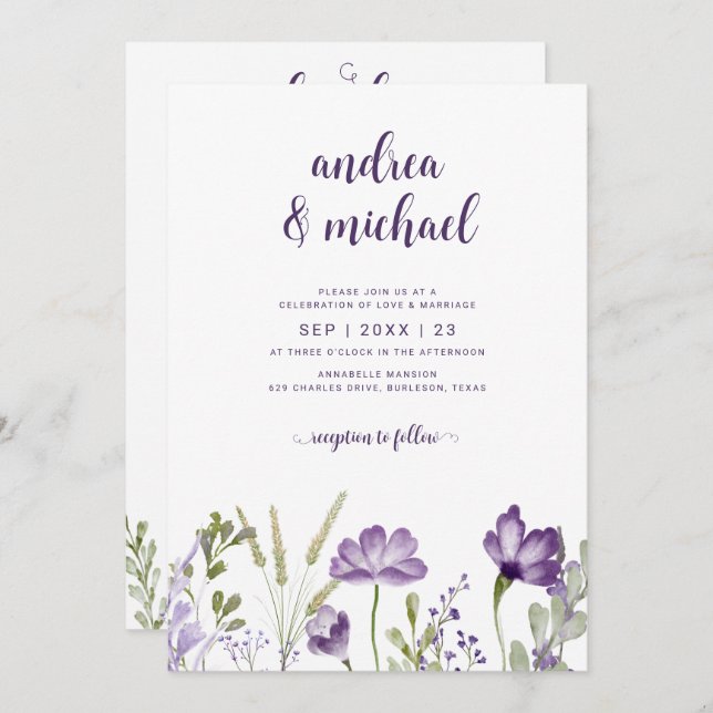 Faire-part de mariage florale violet avec détails  (Devant / Derrière)