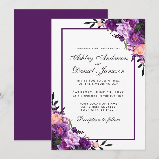 Faire-part de mariage florale violet ultra violet  (Devant / Derrière)