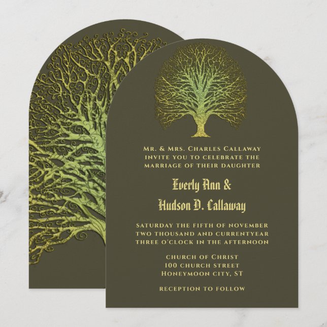 Faire-Part de Mariage Forêt Verte Dorée (Devant / Derrière)
