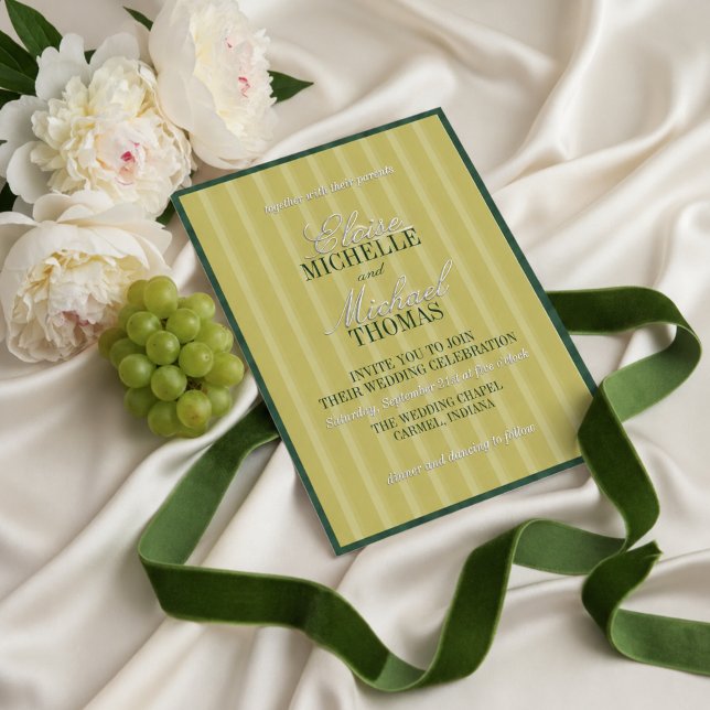 Faire-part de mariage formel à motif rayure Chartr (Elegant Chartreuse Stripe Pattern Formal Wedding Foil Invitation)