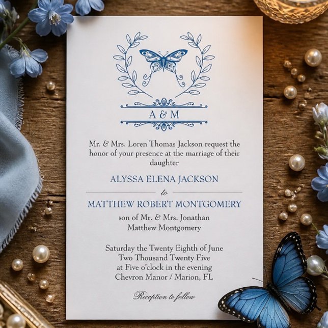 Faire-part de mariage formel au monogramme papillo (Créateur téléchargé)