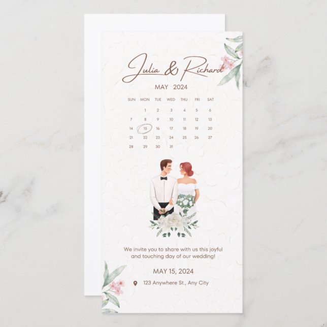 Faire-part de mariage Formel Beige et Vert Floral (Devant / Derrière)