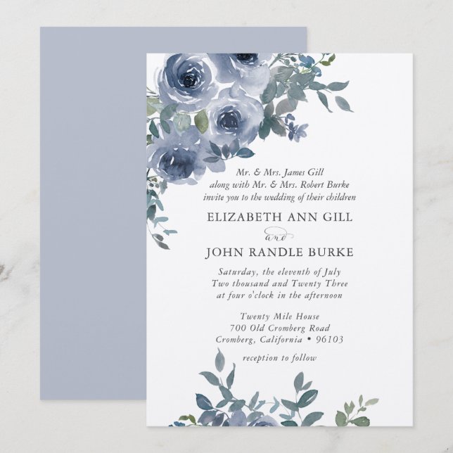 Faire-part de mariage formel bleu floral et gris (Devant / Derrière)