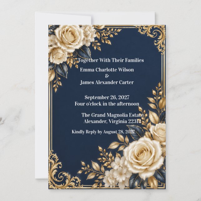 Faire-part de mariage formel bleu marine et or (Devant)