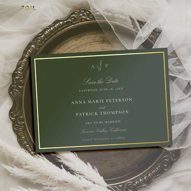 Faire-Part de Mariage Formel Classique Monogramme  (sage wedding save the date minimalist gold formal modern classic traditional botanical sketch)