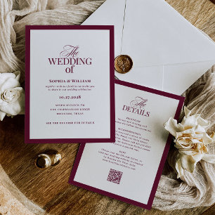 Faire-part de mariage formel en bordeaux Code QR