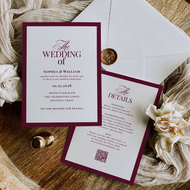 Faire-part de mariage formel en bordeaux | Code QR (Créateur téléchargé)