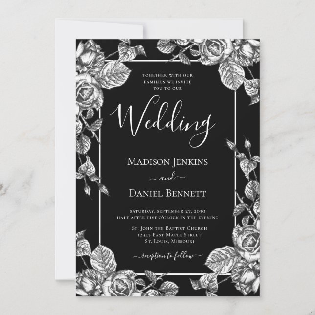 Faire-part de mariage formel floral noir et blanc  (Devant)