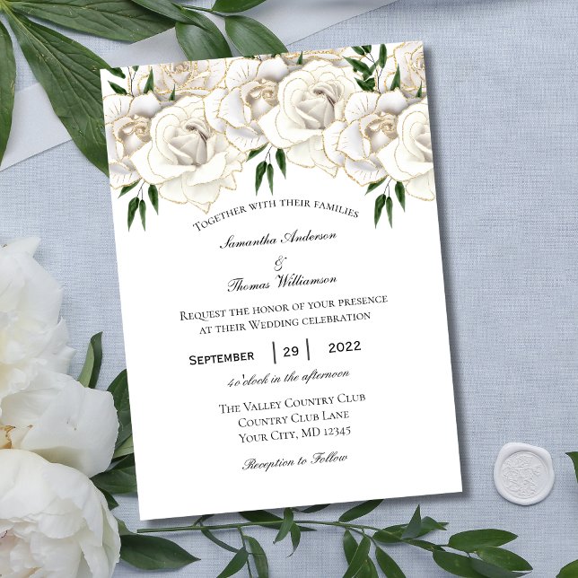 Faire-part de mariage formel floral rose or blanc (White Gold Roses Floral Wedding Invitation. Printed or Digital instant download. Elegant and Formal)