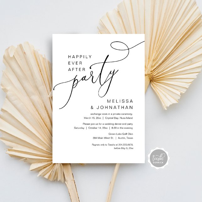 Faire-Part de Mariage Fuite de Noces Fête (Happily Ever After Wedding Elopement Party Dancing Invitation Card, Modern Romantic Script, Download)