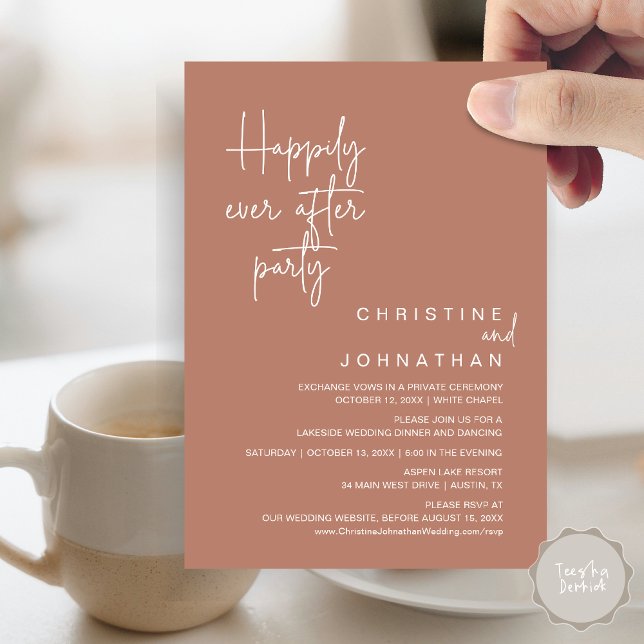 Faire-Part de Mariage Fuite pour une Fin Heureuse  (Happily Ever After Wedding Elopement Dinner Brunch Lunch Party Invites Card, PDF, Terracotta Brown)