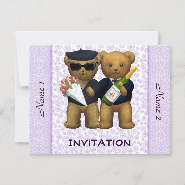 Faire-part de mariage gai - nounours lilas (Devant)
