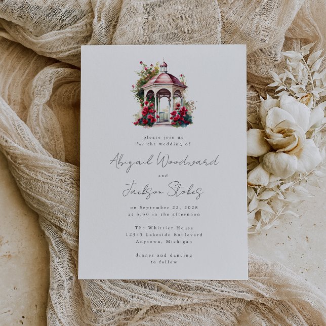 Faire-part de mariage gazebo aquarelle florale rou (An ideal choice for an outdoor spring, summer or fall wedding.)