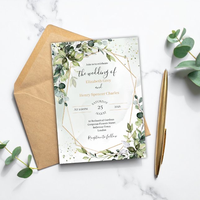 Faire-part de mariage géométrique A5 eucalyptus or (Créateur téléchargé)