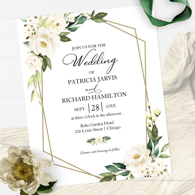 Faire-part de mariage géométrique blanc floral à p (Créateur téléchargé)