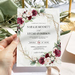 Faire-part de mariage géométrique bordeaux et bleu<br><div class="desc">Présentez votre histoire d'amour avec style avec notre Faire-part de mariage géométrique florale rouge et bleu Bourgogne. Cette invitation captivante présente des fleurs rouges bordeaux audacieuses et roses douces. Ces fleurs sont magnifiquement complétées par des éléments géométriques dorés délicats et une douce végétation d'eucalyptus. Les riches tons bordeaux évoquent des...</div>