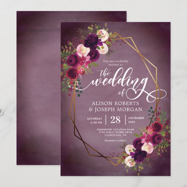 Faire-part de mariage géométrique de bordo de Boho (Devant / Derrière)