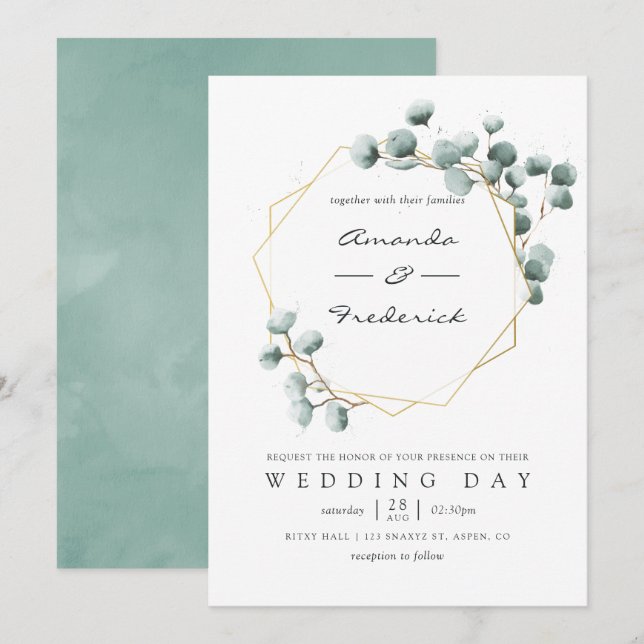 Faire-part de mariage géométrique eucalyptus aquar (Devant / Derrière)