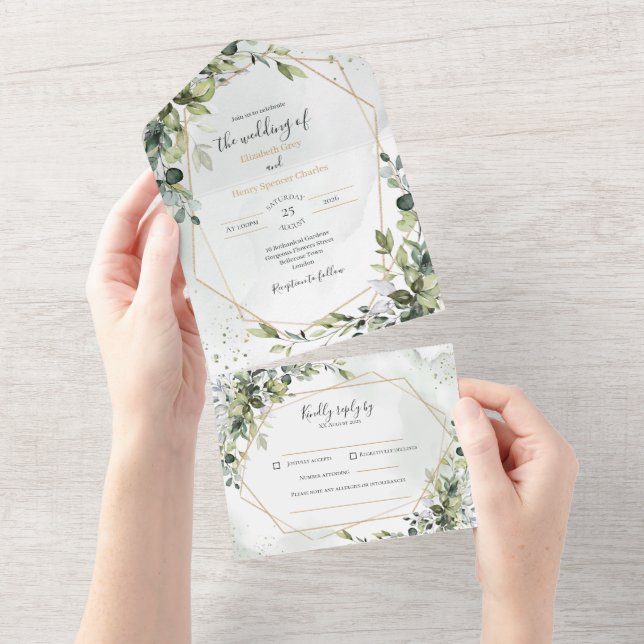Faire-part de mariage géométrique eucalyptus or sa (Déchirure)