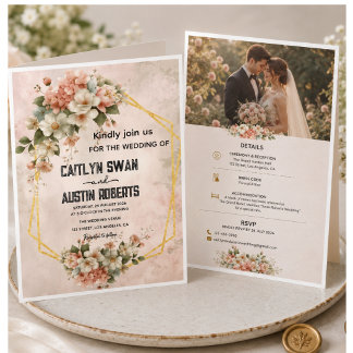 Faire-part de mariage géométrique floral rose doré