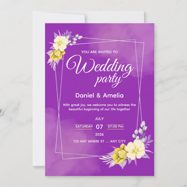 Faire-part de mariage géométrique floral violet (Devant)