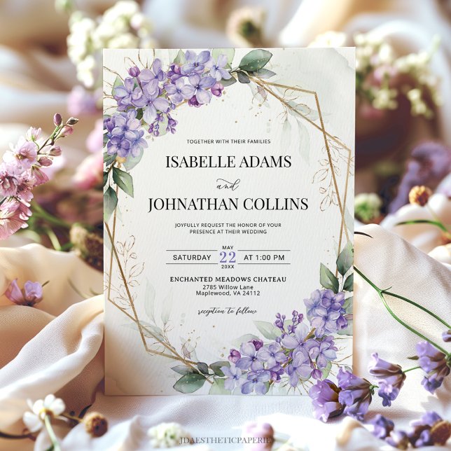 Faire-part de mariage géométrique floral violet li (Créateur téléchargé)
