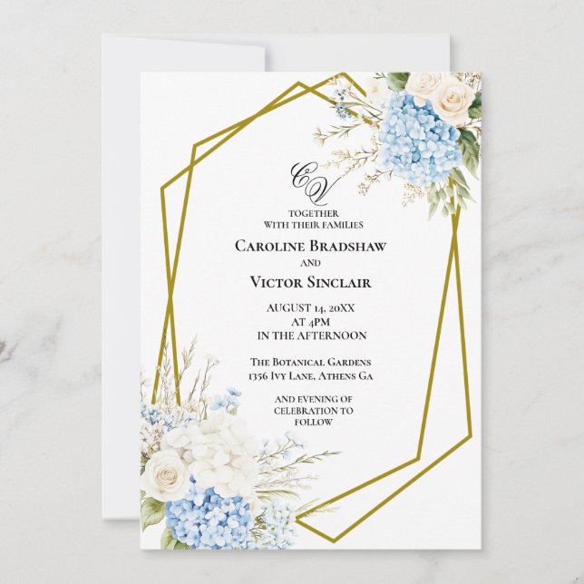 Faire-part de mariage géométrique Hydrangea Bleu (Devant)