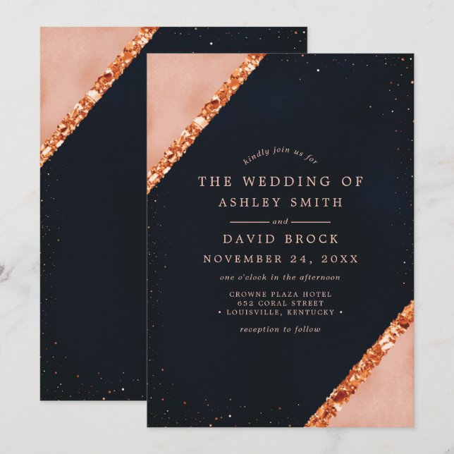 Faire-part de mariage géométrique Navy Copper Blus (Devant / Derrière)