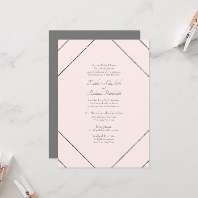 Faire-Part de Mariage Géométrique Rose & Gris (Devant/Arrière en situation)